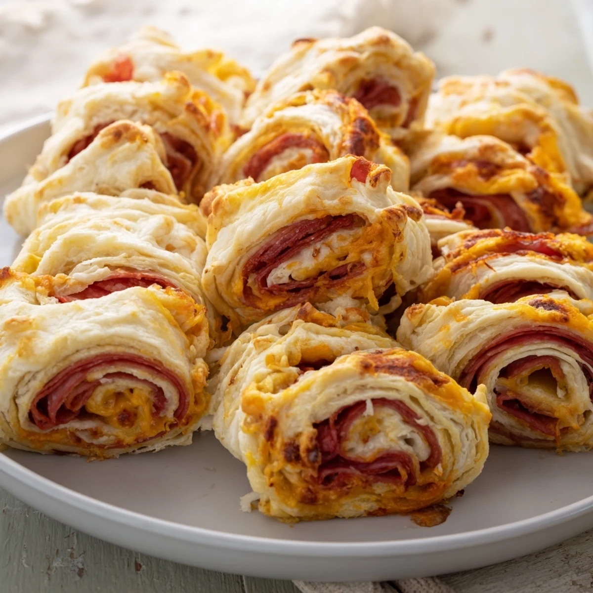 Close-up of baked Sliced Cheddar and Salami Scrolls, showing cheesy, meaty layers perfect for appetizers.