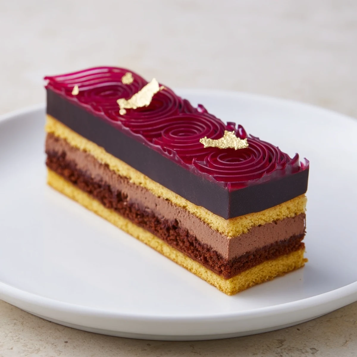 Golden Ratio Shell dessert showcasing a raspberry jelly spiral atop rich chocolate mousse, ready to enjoy.