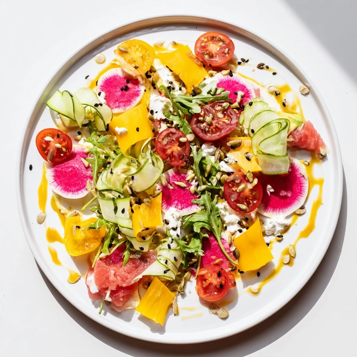 Abstract Expressionist Splash salad's vibrant colors pop with cherry tomatoes and ribbons of cucumber.