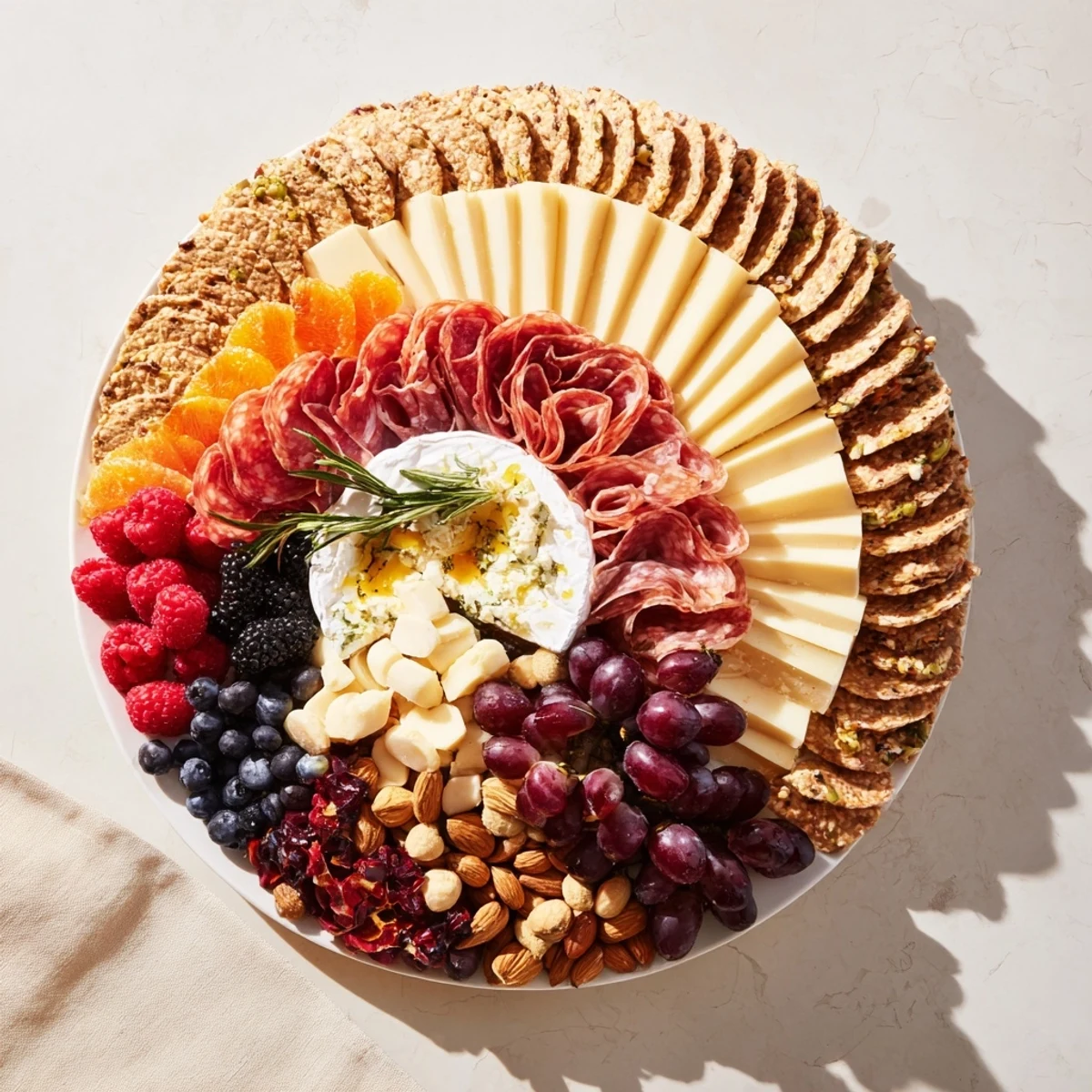 An artful Ouroboros Circle appetizer platter, featuring cheeses, fruits, and meats attractively arranged.