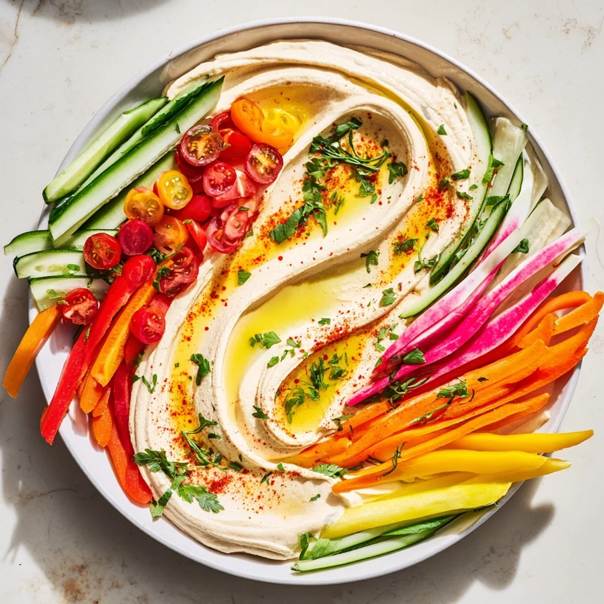 The River Delta Flow appetizer: vibrant veggies create a beautiful, Mediterranean-inspired river on a platter.