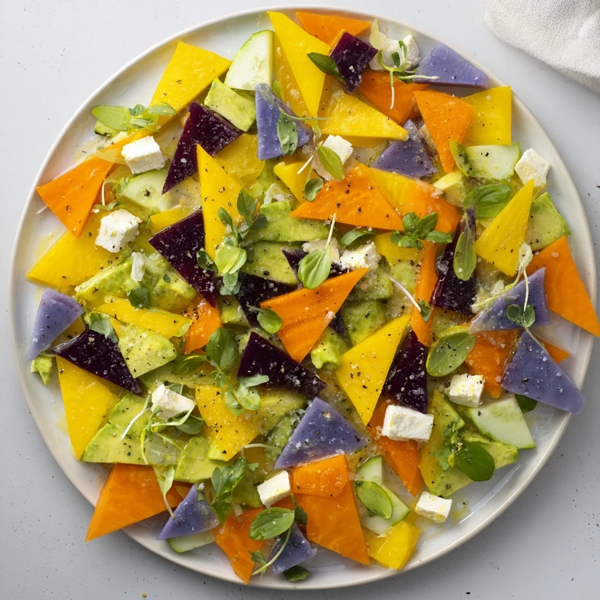 Vibrant appetizer, the Cubist Deconstruction, features artful geometric shapes of fresh fruits and vegetables.