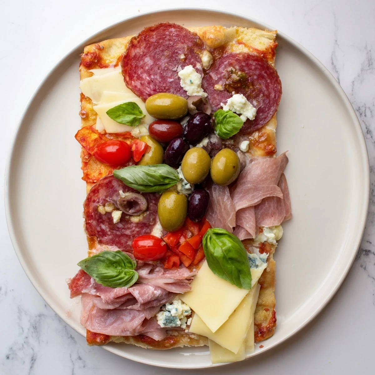 The Rustic Raft appetizer with layers of meats, cheeses, and colorful garnishes ready to serve.