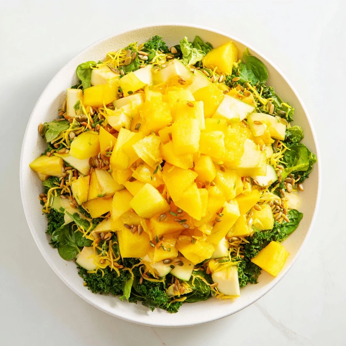 A beautiful bowl of The Sunlit Glade salad, showcasing bright yellow fruit and fresh greens.