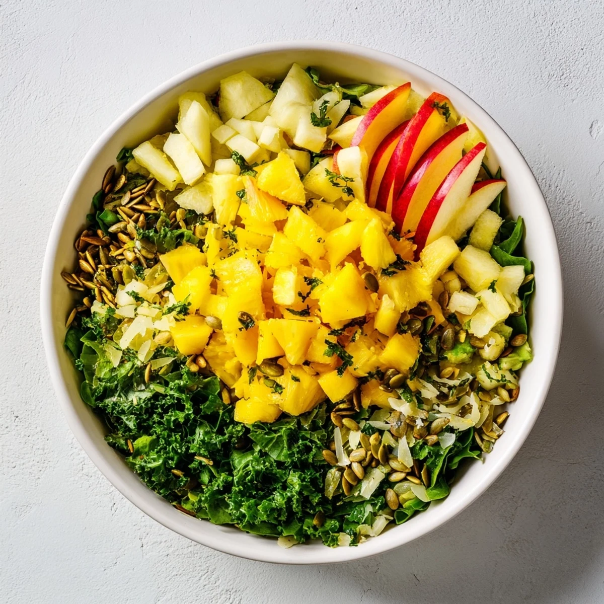 This colorful The Sunlit Glade salad features a vibrant medley of yellow fruit atop fresh kale and herbs.