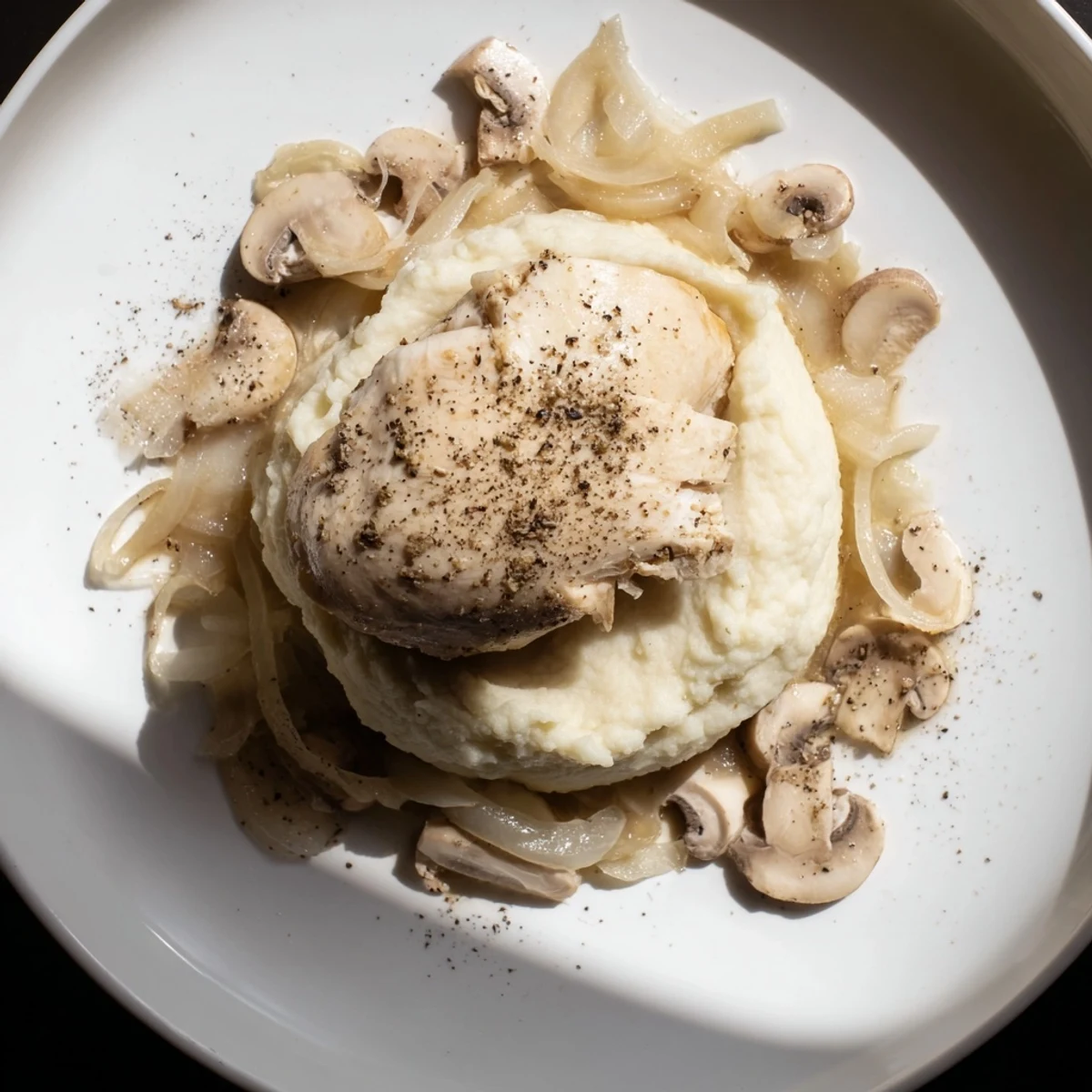 Tender poached chicken sits atop creamy cauliflower purée in a Ghostly Gala dinner presentation.