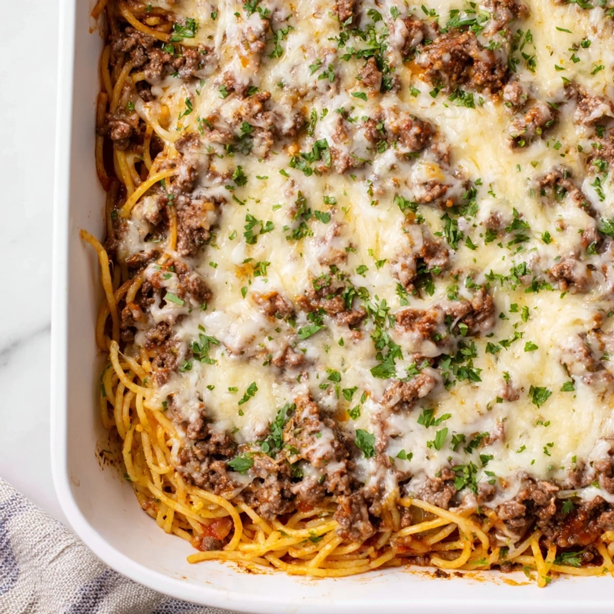 Close-up of a steaming portion of Tinis Baked Spaghetti, showcasing melted cheese and rich meat sauce.
