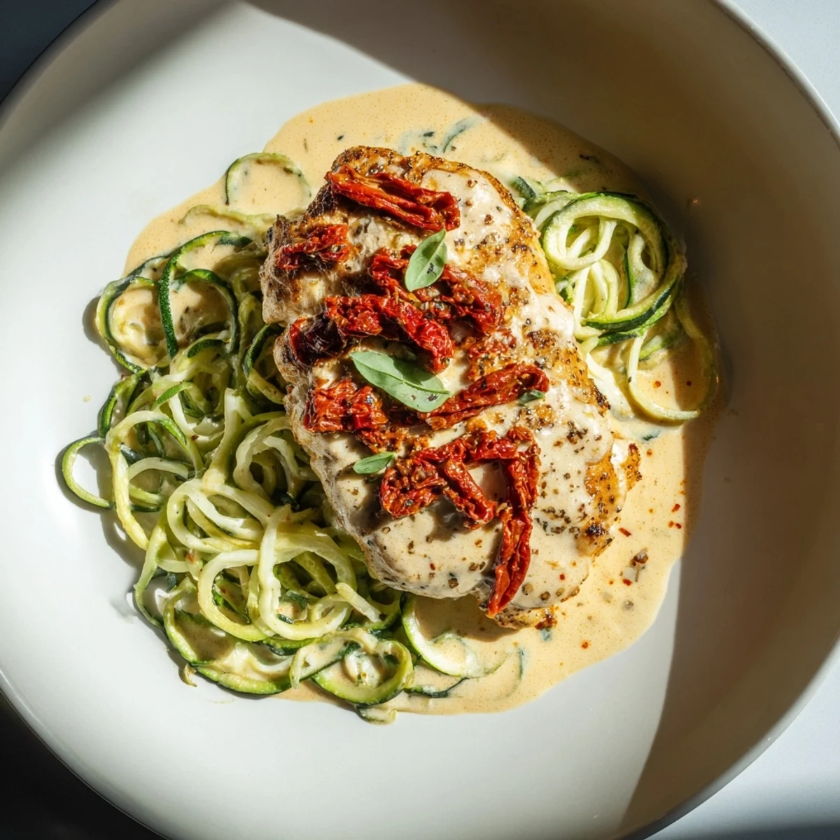 Tender Marry Me Chicken Zoodles swimming in creamy sun-dried tomato sauce with fresh basil.