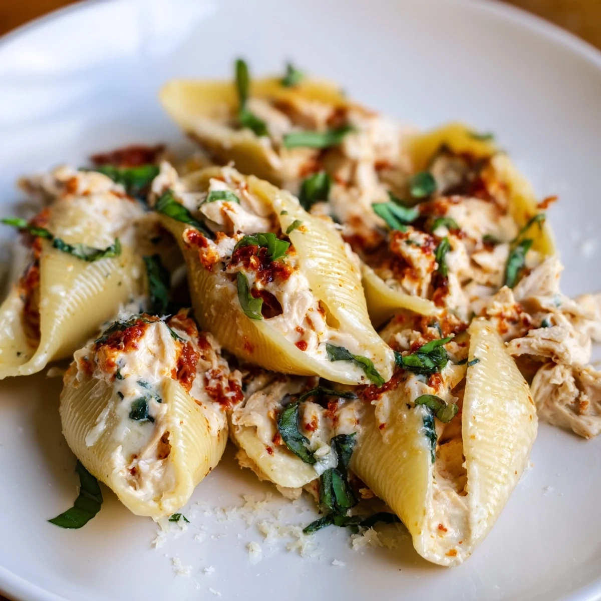 A baking dish filled with golden-brown Marry Me Chicken Stuffed Shells, garnished with fresh basil leaves.
