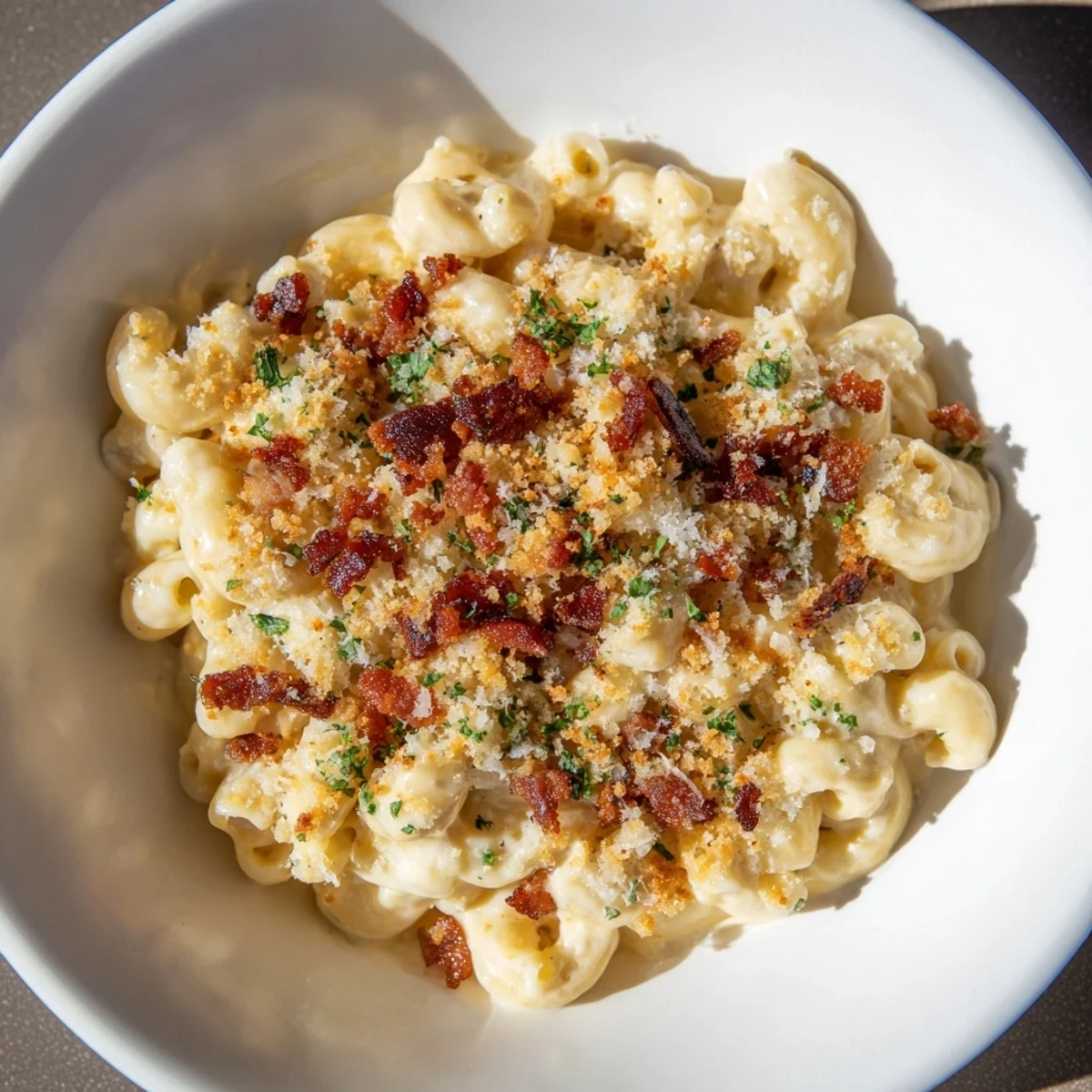 Golden-brown Tinis Mac and Cheese with Bacon, a baked casserole bubbling with melted cheese and crispy bacon.