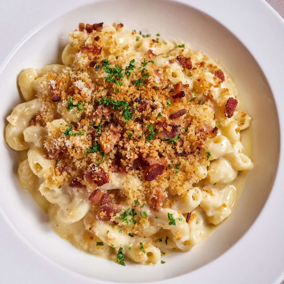 A close-up of creamy Tinis Mac and Cheese with Bacon, showcasing a crunchy bacon topping and bubbly textures.