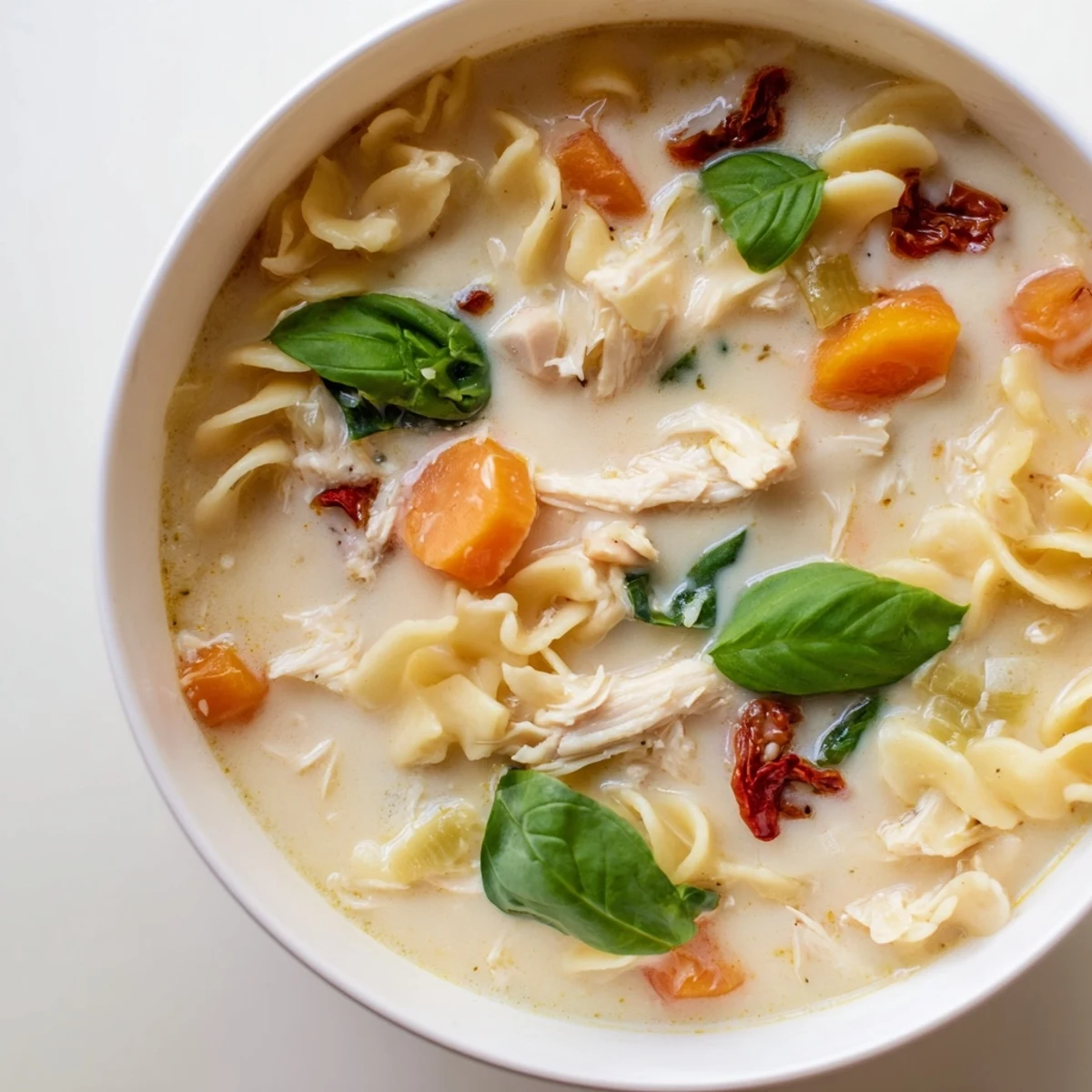Creamy Marry Me Chicken Soup, ready to eat, with shredded chicken and fragrant herbs.