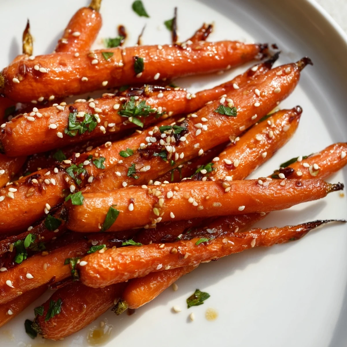Close-up of tender honey soy roasted carrots, a simple yet delicious side, perfect for your meal.
