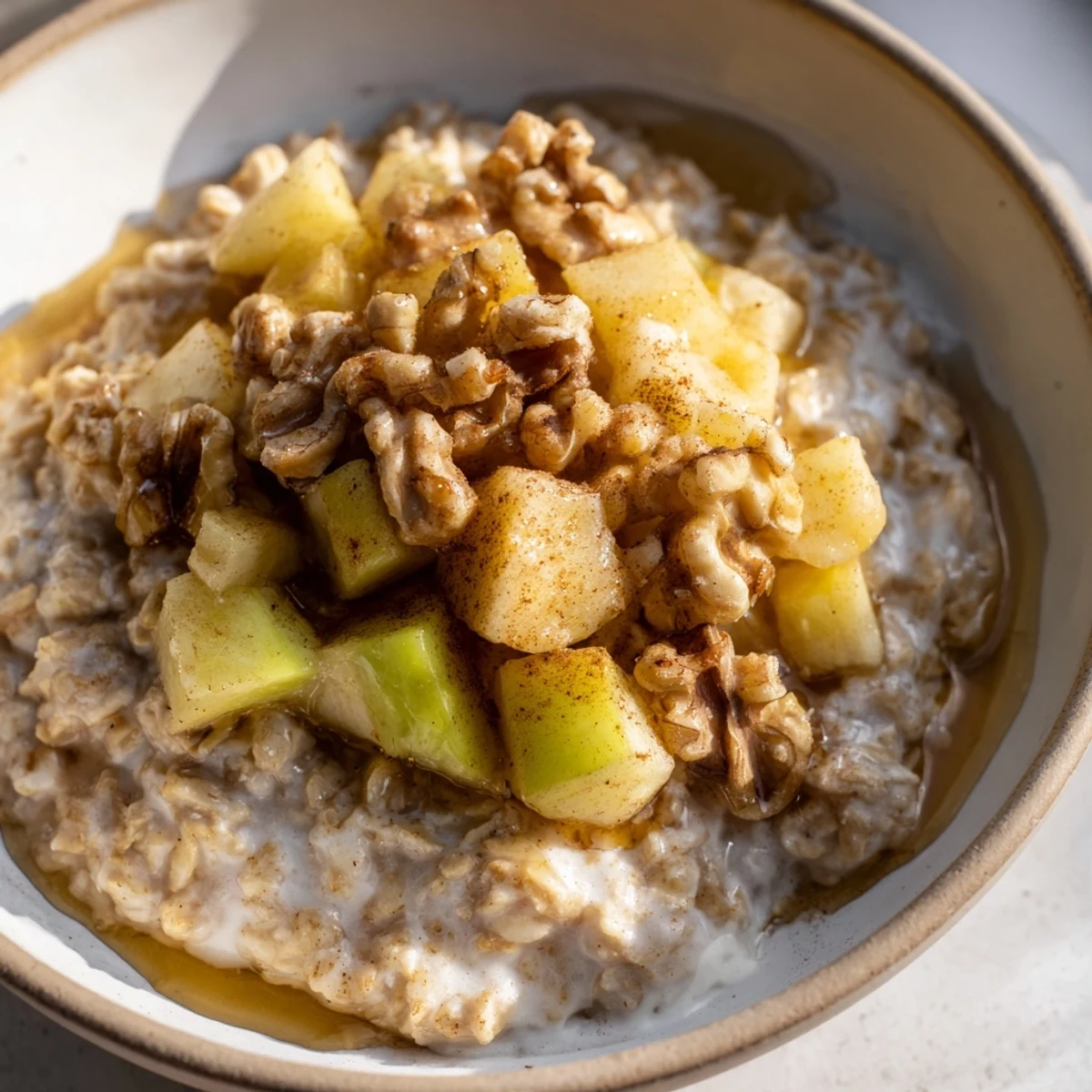 Warm, inviting image of a hearty Apple Pie Oatmeal Bowl, perfect for a cozy breakfast at home.