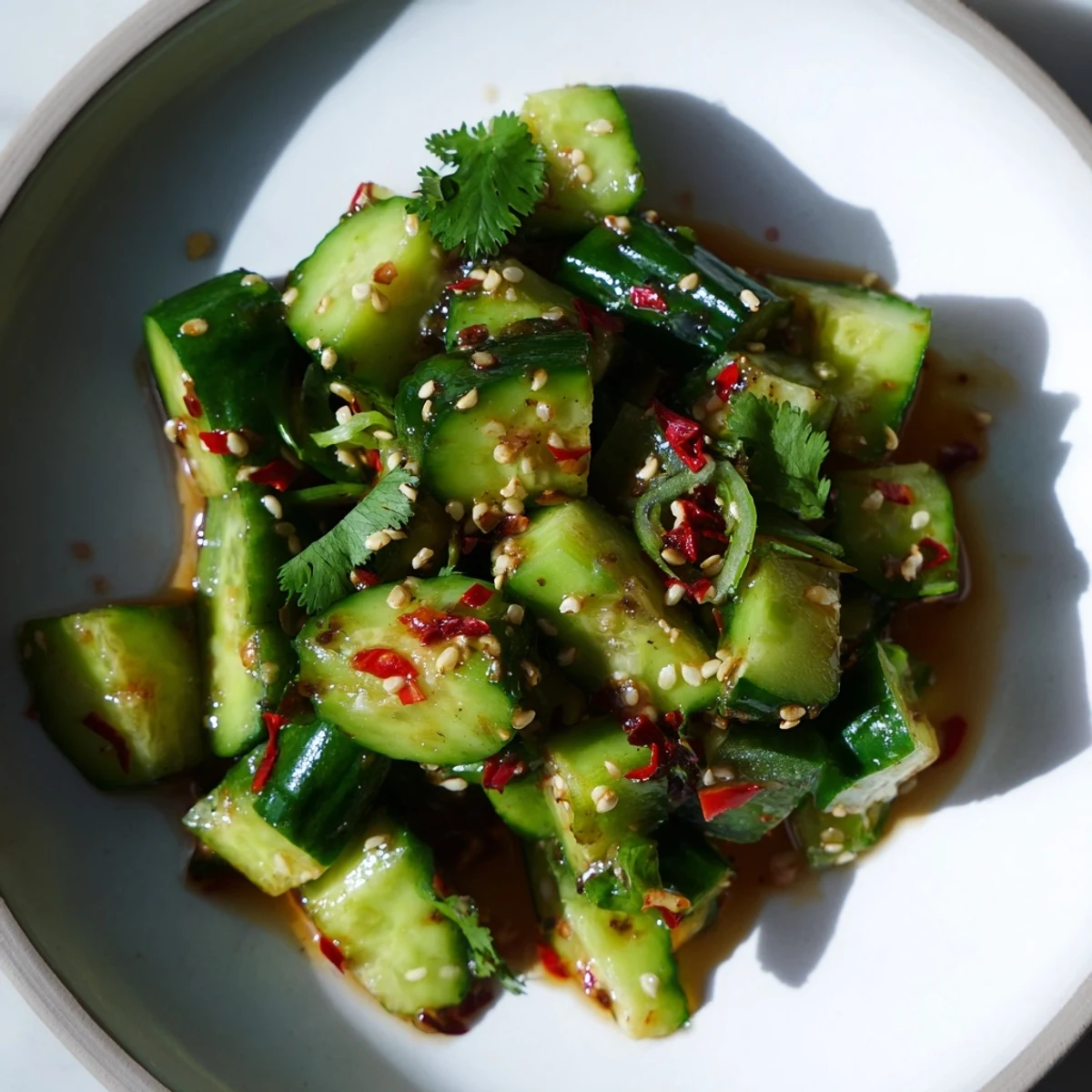 A refreshing bowl of Chinese Spicy Smashed Cucumber Salad, a vegan summer dish with bold flavors.