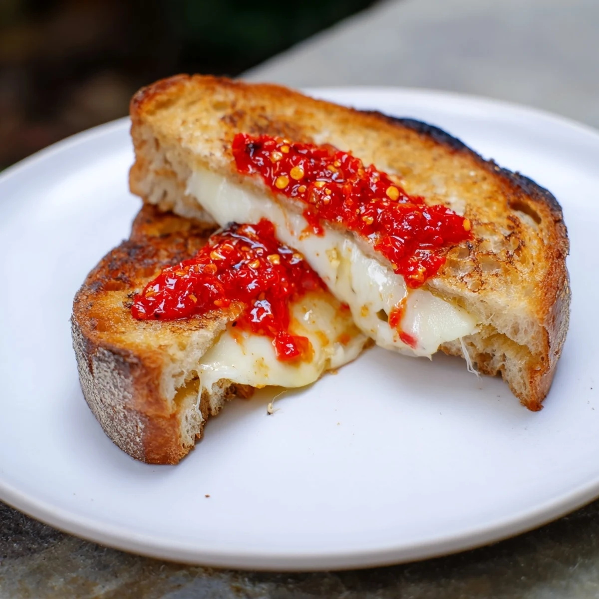 Melted Brie and Chili Crisp Grilled Cheese featuring golden sourdough, oozing with spicy flavor.