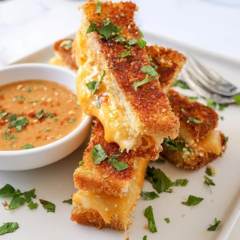 Golden Thai Peanut Grilled Cheese Sticks oozing with melted cheese, ready to dip.