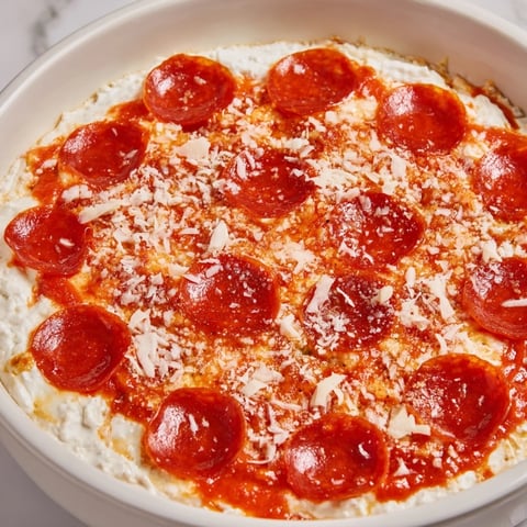 Warm and bubbly Pizza Dip, loaded with melted cheese and crispy pepperoni, is ready to serve.