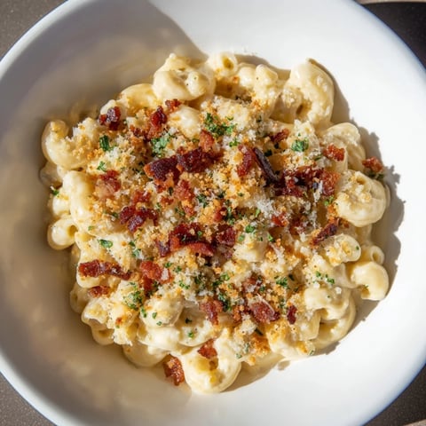 Golden-brown Tinis Mac and Cheese with Bacon, a baked casserole bubbling with melted cheese and crispy bacon.