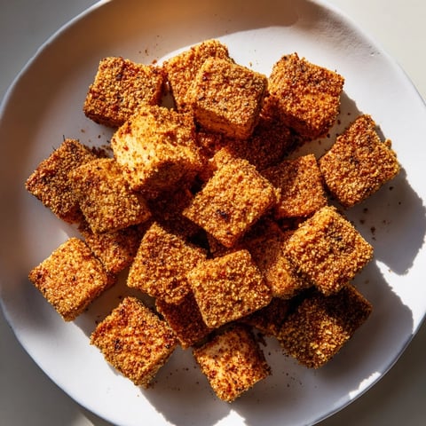 Golden-brown Popcorn Tofu Bites, crispy and seasoned, perfect as a satisfying snack to share.