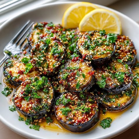 Close-up of flavorful harissa paste brushed eggplant, slightly charred, with a hint of lemon and spice.