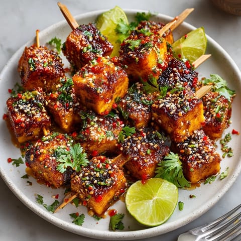 Savory and sweet Sweet Chili Tofu Satay Bites: a delicious vegan appetizer garnished with cilantro and sesame.