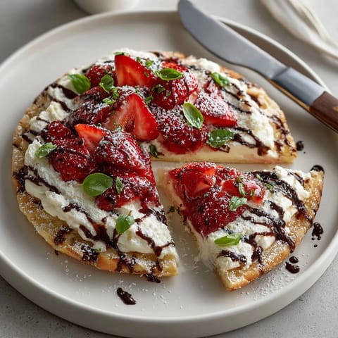 A close-up showing a beautiful Balsamic Strawberry Grilled Dessert Pizza with creamy mascarpone and fresh basil.