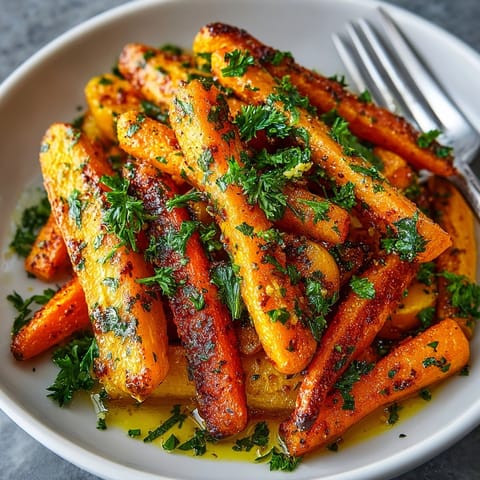Close-up of crispy Moroccan Barbecue Carrot Fries, showing their smoky flavor and enticing, savory aroma.