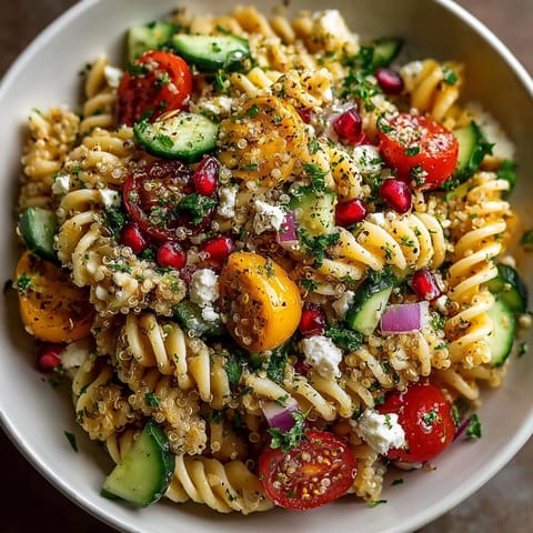Cool, refreshing quinoa pasta salad with pomegranate, ideal for a light lunch or dinner option.