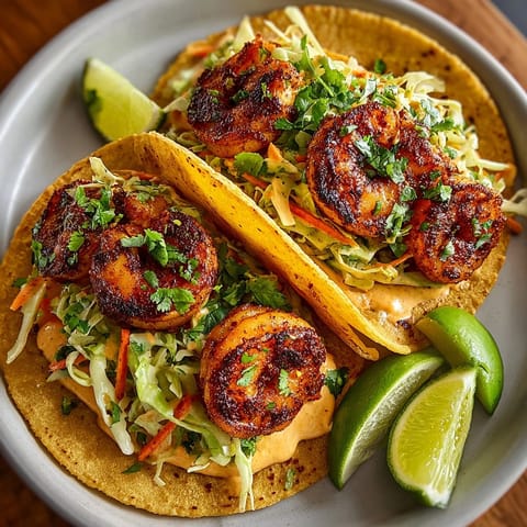 Freshly made Cajun shrimp tacos served on warm tortillas with vibrant slaw and zesty lime