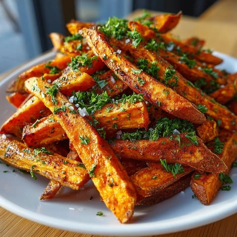 Crispy Cajun spiced sweet potato fries with parsley garnish served as a flavorful side dish.