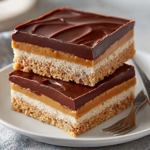Close-up of homemade Peanut Butter Chocolate Bars, freshly cut and ready to serve for dessert.
