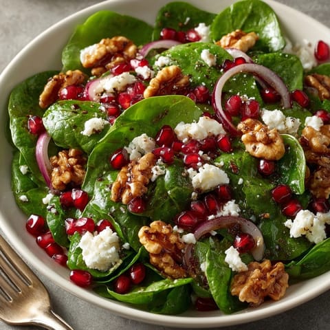 Colorful pomegranate spinach salad featuring juicy seeds, creamy feta, crunchy walnuts, and crisp red onion.