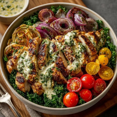 Juicy grilled chicken topped with vibrant chimichurri sauce in a hearty dinner bowl.