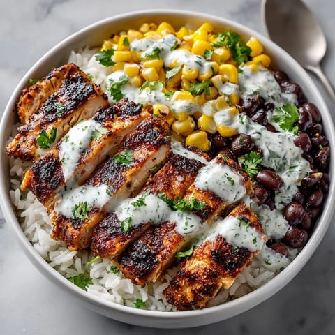 Juicy grilled chipotle chicken bowl topped with sweet corn, black beans, and creamy sauce drizzle.