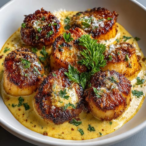 Juicy, pan-seared scallops topped with creamy Cajun sauce, perfect for a savory date night dinner.