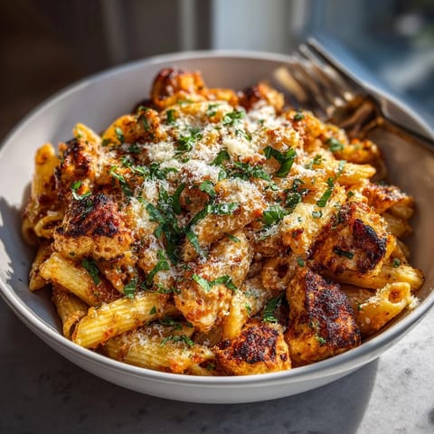 Close up: Cheesy Chicken Parmesan Pasta Skillet simmering with tomato sauce and melted mozzarella.