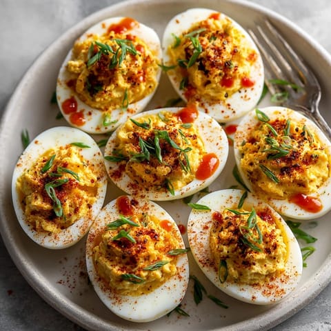 Vibrant Garlic Sriracha Deviled Eggs, piped filling and paprika dusting, perfect for snacking.
