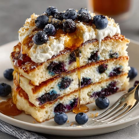Golden Ricotta Blueberry Pancakes sizzle on a griddle, batter studded with fresh blueberries.