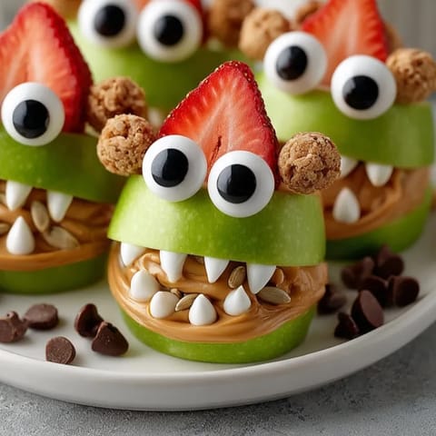 Festive Monster Apple Peanut Butter Bites: tart apples, peanut butter, and candy eyes.