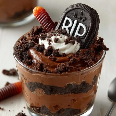 Easy Halloween Graveyard Dirt Pudding Cups recipe, a festive no-bake dessert for parties.
