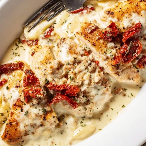 Close-up of creamy Alfredo Sundried Tomato Chicken Bake, cheeses melted and herbs sprinkled.