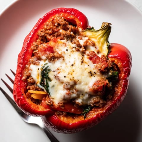 Hearty Lasagne Soup Stuffed Bell Peppers bursting with flavors, served hot in vibrant peppers.  