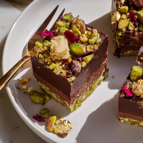 Rich chocolate bar-inspired dessert garnished with edible gold leaf and vibrant rose petals.  