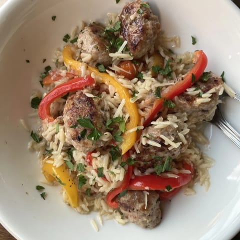 Steaming plate of Italian Sausage & Peppers Rice Plate, garnished with parsley and cheese, perfect for dinner.