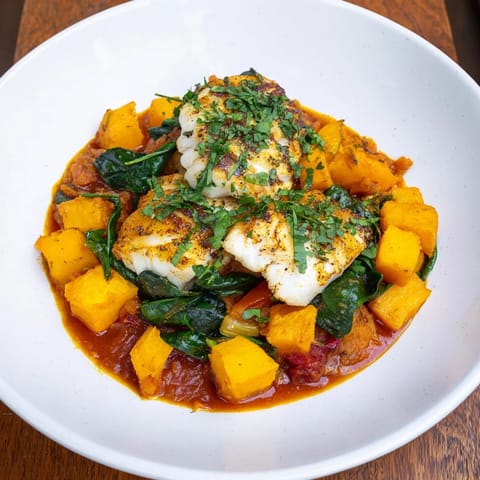 Vibrant image of Baked Cod with butternut squash, served with fresh parsley and a bright tomato-herb sauce.