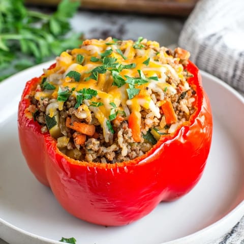 A close-up of hearty stuffed peppers, filled with seasoned ground turkey and fluffy rice.