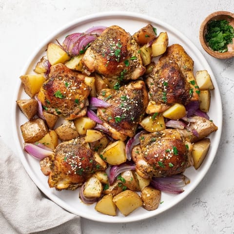 Sizzling oven-roasted Pan-Roasted Zaatar Chicken and Potatoes with fragrant Middle Eastern spices and lemon.