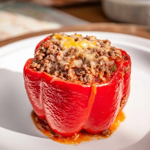 Golden and tender Sloppy Joe Stuffed Bell Peppers, a hearty and flavorful American dinner idea on a plate.