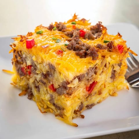 Golden, bubbly Quick Christmas Morning Hash Brown Bake, ready to serve and filled with savory sausage.
